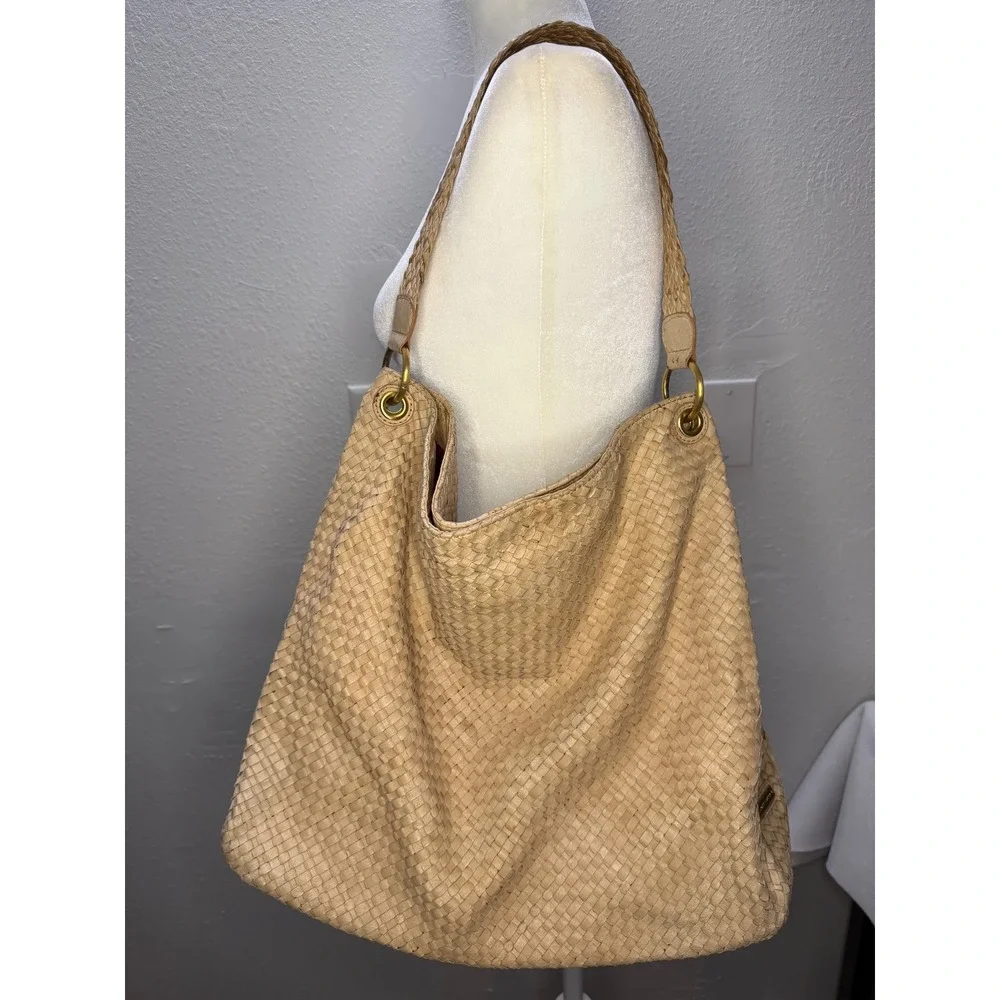 Elliott Lucca Isadora Hobo Bag Women‎ Large Tan Woven Leather Fair Stained Base